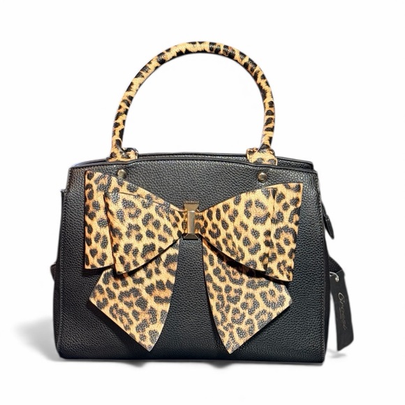 Crossi Handbags - Crossi Black Satchel with Leopard Print Bow & Handles